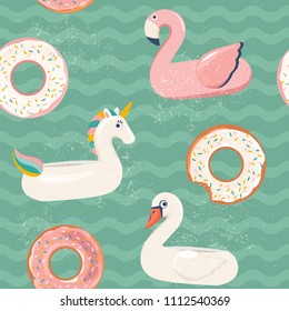 Flamingo, unicorn, swan and sweet donut inflatable swimming pool floats. Vector seamless pattern.