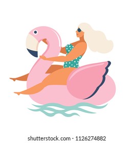 Flamingo, unicorn, swan and sweet donut inflatable swimming pool floats. Vector illustration.