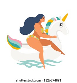 Flamingo, unicorn, swan and sweet donut inflatable swimming pool floats. Vector illustration.