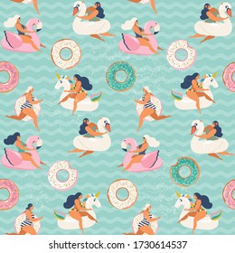 Flamingo, unicorn, swan and sweet donut inflatable swimming pool floats. Vector seamless pattern.