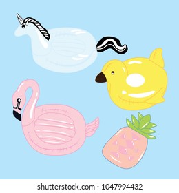 Flamingo, Unicorn,Duck,Pineapple Pool Float on Blue Background 