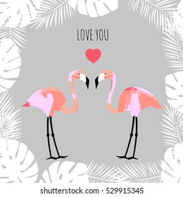 Flamingo Valentines card. Template for banner, gift card, poster. February 14. Minimalist design. 