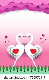 Flamingo Valentine's Day there is a cloud of grass in the heart.Paper cut style.