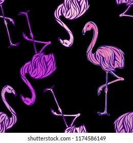 Flamingo vector background. Seamless tropical flamingo pattern. Surface background for fabric, interior, wallpaper, cover, cards.