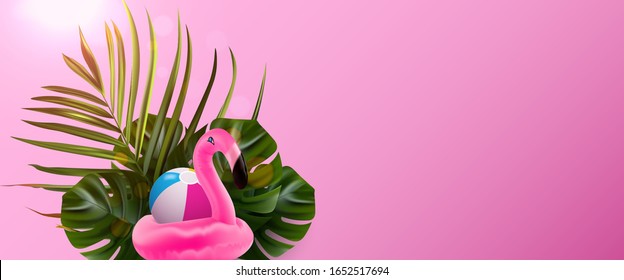 Flamingo vector banner. Floral jungle palm background. Summer tropical bird. Floral illustration. Colorful flamingo vector