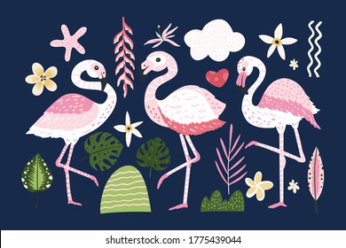 Conjunto de animales de dibujos animados vectoriales de flamingo. Flores naturales y colección de aves silvestres tropicales. Colección de pájaros rosados.