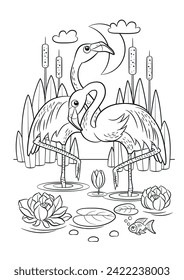 Vector Flamingo. Página de coloreado de flamenco. Caricatura de aves