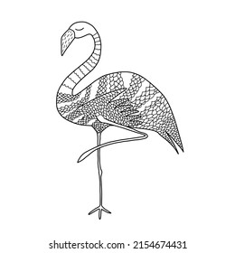Flamingo vector coloring page. Hand drawn coloring with cute flamingo