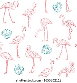 Flamingo vector hand drawn seamless doodle pattern