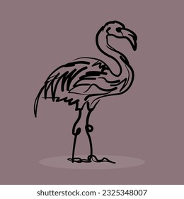 Flamingo vector illustration in black brush tool style isolated on brown