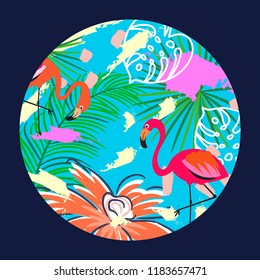 Flamingo vector illustration in a circle. Bright exotic colors plate design.