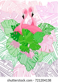 Flamingo vector illustration, cute flamingo and flowers with leaves.