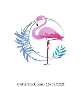 Flamingo vector illustration. Exotic bird symbol framed with tropical leaves.  Bright card composition for your design.

