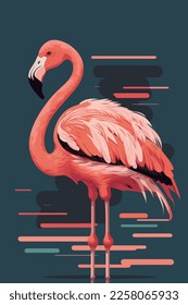 Flamingo vector illustration. Flamingo on a dark background flat color cartoon style poster