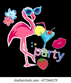 flamingo vector illustration, party logo vector illustration. patches badge design, red lips, cocktai