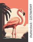 Flamingo. Vector illustration of a flamingo at sunset. flat color cartoon style bird poster