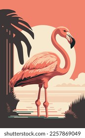 Flamingo. Vector illustration of a flamingo at sunset. flat color cartoon style bird poster