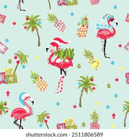 Flamingo vector seamless pattern, tropical Christmas design