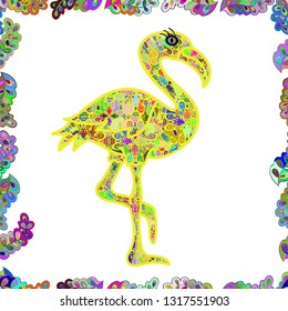 Flamingo vector set. Character animal exotic nature wild fauna illustration. Seamless Cartoon yellow, green and white in colors. Cute flamingos collection Flamingo.