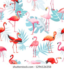 Flamingo vector tropical pink flamingos and exotic bird with palm leaves illustration set of fashion birdie isolated on white background