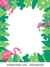 Flamingo vertical banner. Beach design, jungle summer poster vector illustration. Pink flamingo and tropical palm tree leaves. Exotic Hawaii with tropical birds. Place for text