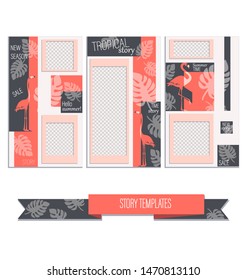 Flamingo and vertical modern patterns. Stories. Background design with tropical leaves on a red and gray background to promote sales. Suitable for social networks, web banners, posters and brochures.