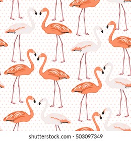 Flamingo wading bird couples standing beak to beak. Exotic paradise african species. White beige polka dot background. Vector design illustration for fabric, textile or decoration.