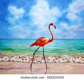 flamingo is walking along the seashore. Oil painting
