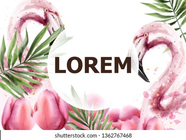 Flamingo watercolor Vector card. Exotic flamingo bird with palm leaves. Tropical summer decoration wrapping, wallpaper, fabric, invitations