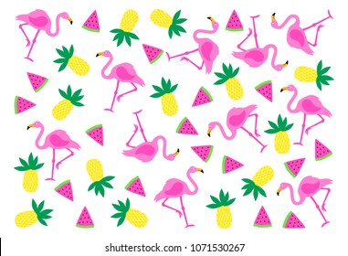 Flamingo, watermelon and pineapple on white background