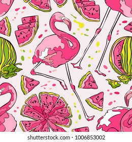 Flamingo and watermelon. Seamless vector pattern (background).