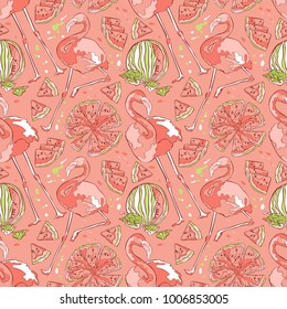 Flamingo and watermelon. Seamless vector pattern (background).