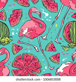 Flamingo and watermelon. Seamless vector pattern (background).