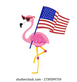 Flamingo with waving USA flag - Happy Independence Day July 4  design illustration. Good for advertising, poster, announcement, invitation, party, greeting card, banner, gifts, print