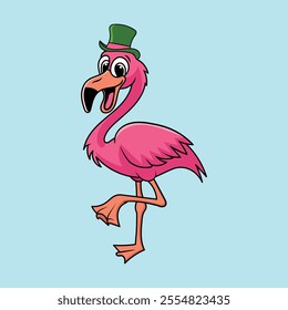 Flamingo Wearing a Green Hat. Ideal for tropical-themed products, summer T-shirts, beachwear, and casual accessories.