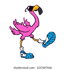 Flamingo wearing sneakers and sunglasses