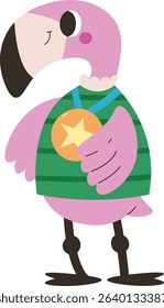 A flamingo wearing a striped sweater holds a star medal in a playful style. The bird stands upright with a cheerful expression and bold outlines. Cartoon vector illustration.