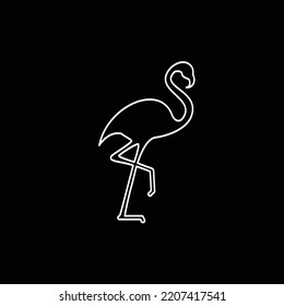 Flamingo white line drawing isolated on black background. Exotic tropical bird characters.