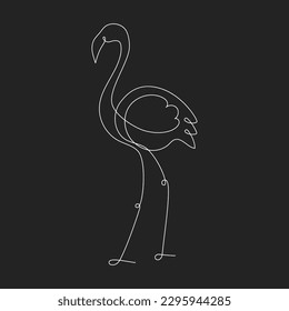 Ilustración de línea continua Flamingo White One aislada en el fondo negro. Arte de una sola línea. Dibujar pájaro tropical. Estilo de contorno simple. Ilustración vectorial para tarjeta, afiche, logotipo