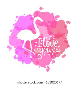 Flamingo white silhouette. Tropical  bird. Vector illustration bright pink spot isolated on white background.