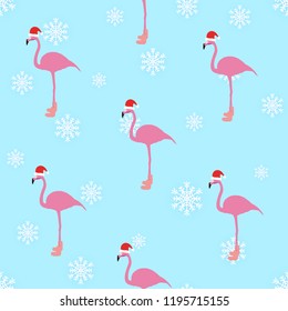 Flamingo winter style seamless pattern, with Santa Claus hap, striped socks, snowflakes. In the background light blue color. Vector eps 10.