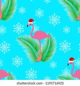 Flamingo winter style seamless pattern, with Santa Claus hap, striped socks, snowflakes and tropical palm leafs. In the background turquoise color. Vector eps 10.