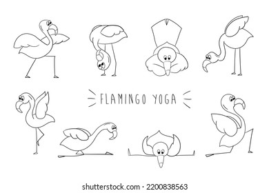 Flamingo yoga. Set of cartoon flamingos isolated on white background. Vector illustration. Outline, coloring book