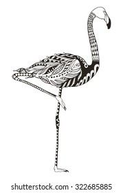Flamingo zentangle stylized, vector, illustration, freehand pencil, hand drawn, pattern. Print for t-shirts, mobile cover design. One leg standing.

