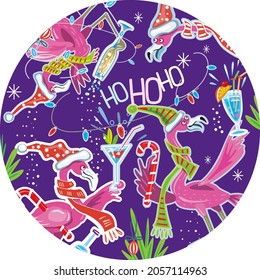 Flamingoes Christmas Party Seamless Pattern