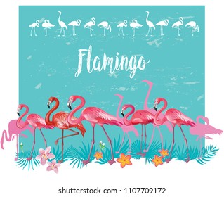 Flamingoes and tropical tropical plants