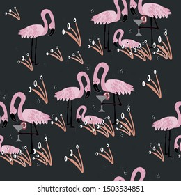 Flamingo.Pink Flamingo with cocktail.Drawn in a vector on a dark background.Pattern.
