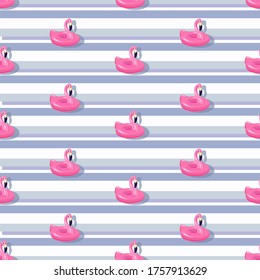 Flamingos background. Pink flamingos floats.  Pool. Inflatable circle. Seamless pattern. Pink  bird on water surface.Vector illustration isolated on a striped background.