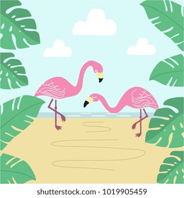 Flamingos in the beach illustration vector. Summer happiness moment with pastel colors.