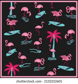 Vector Flamingos Beach Table Surf y palmeras